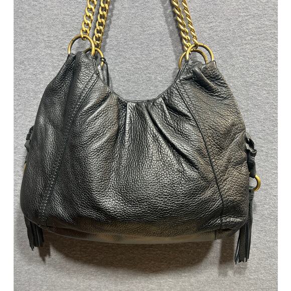 The Sak Boho Pebbled Black Leather Tasseled Gold Chain Strap Shoulder Bag - Picture 2 of 12